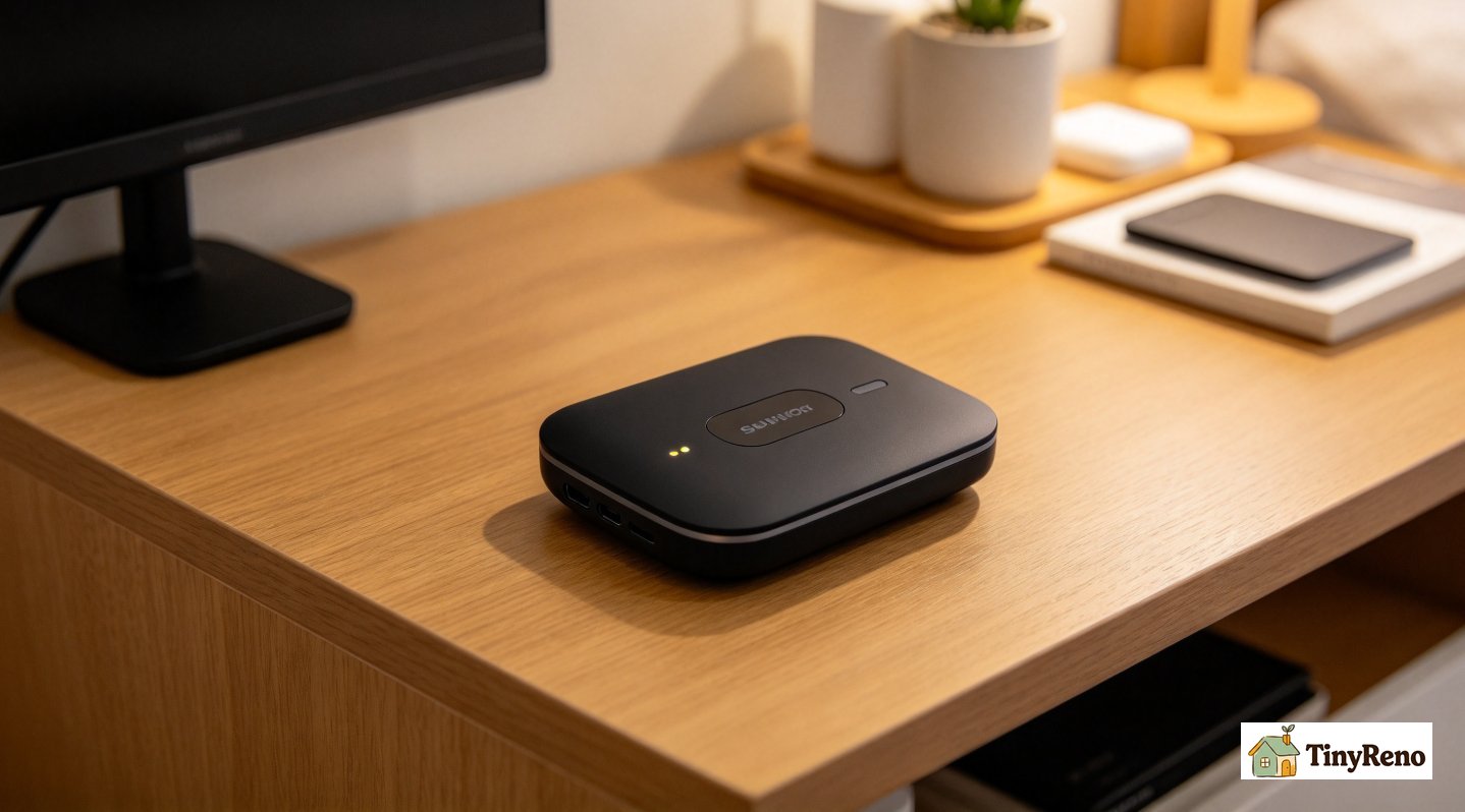 A small black mobile hotspot device the size of a deck of cards on a wooden kitchen counter, to identify the typical cellular hotspot hardware for renters