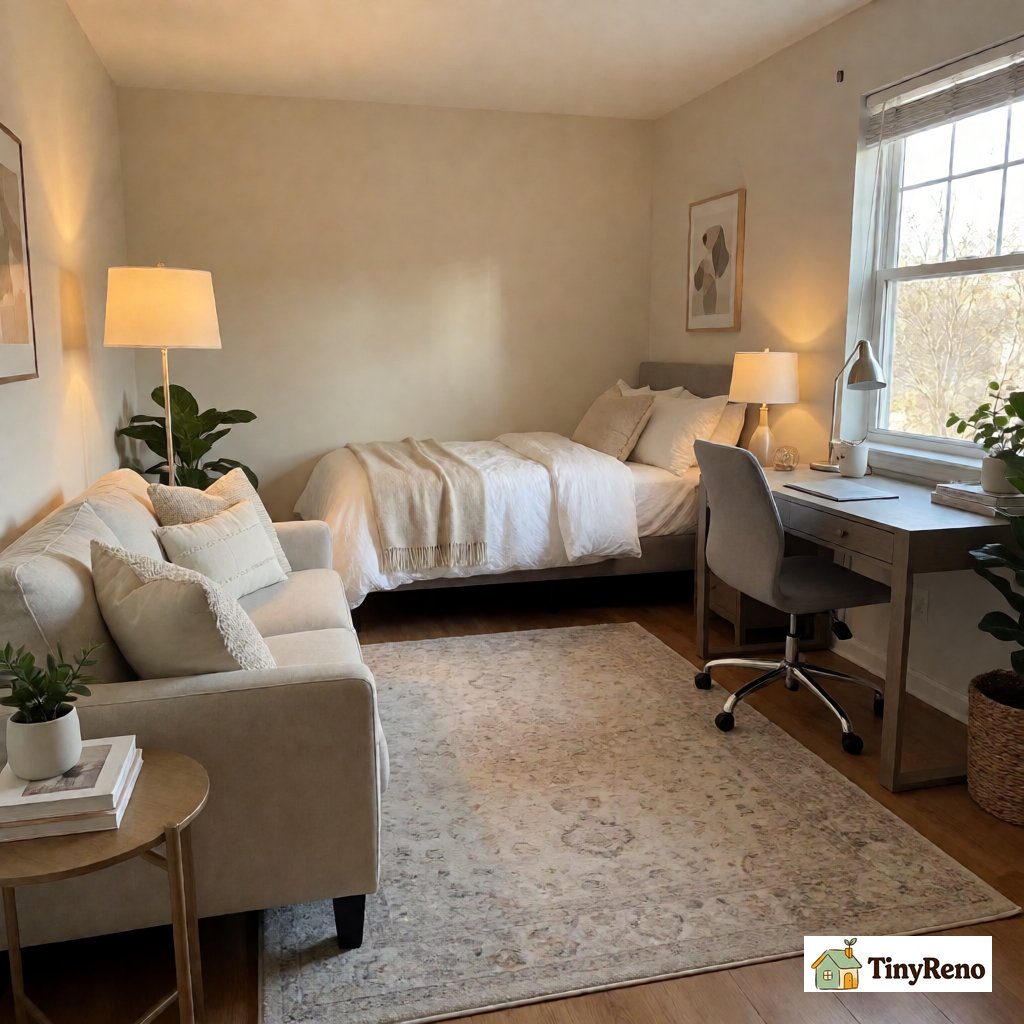 A small studio living room with three furniture zones: a sofa under a floor lamp, a desk by the window, and a bed by the wall, all anchored by one large area rug.