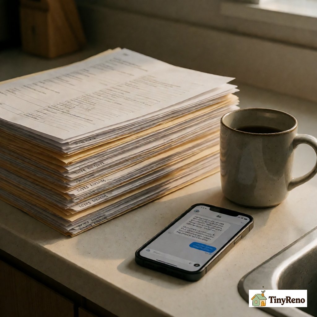 A renter's dated paper trail of landlord entry notices organized chronologically in labeled folders on a kitchen counter.