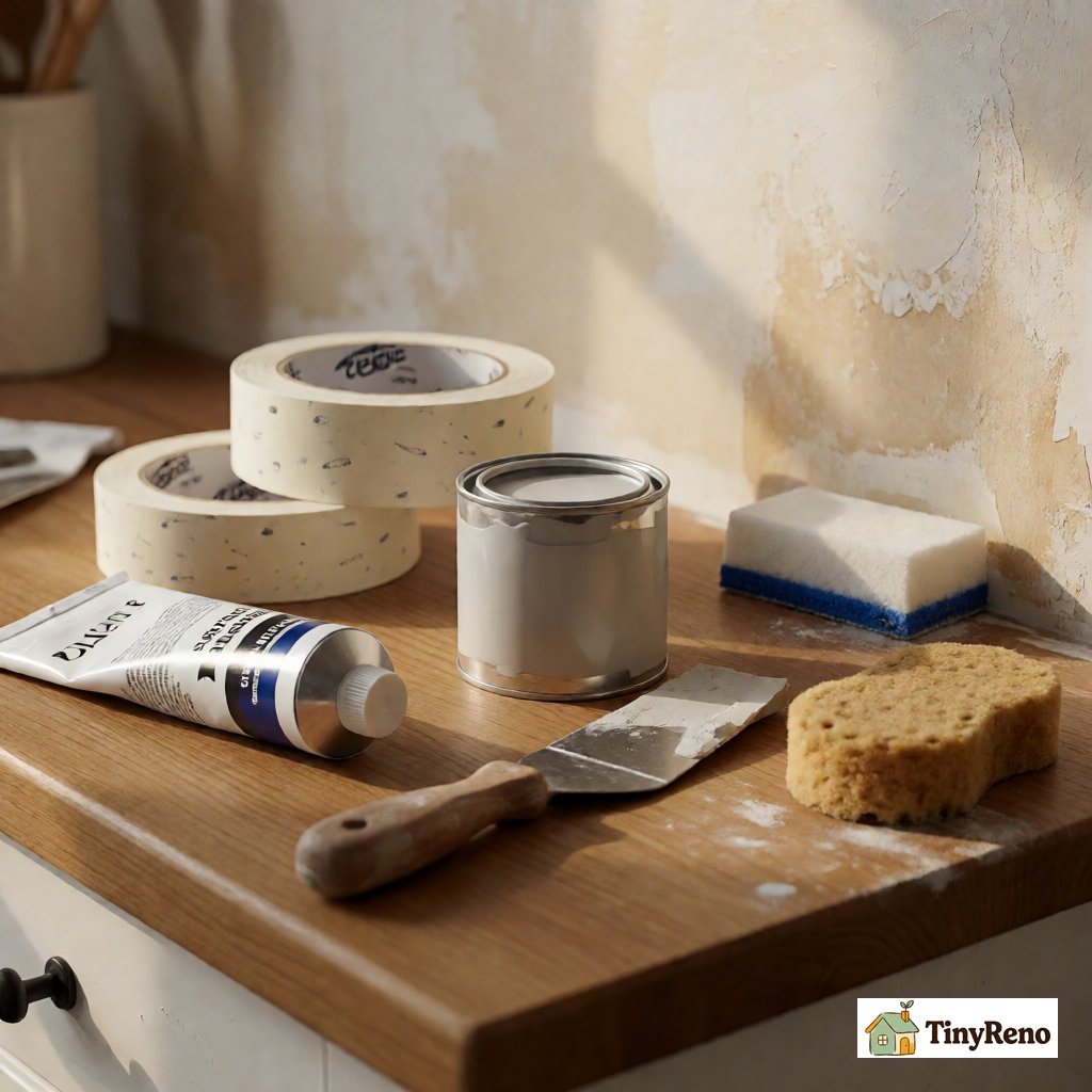 A renter's wall touch-up toolkit laid out on a kitchen counter: spackle kit, putty knife, sample-size paint can, painter's tape, sanding sponge, and Magic Erasers.