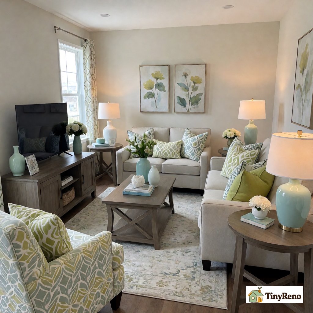 An over-decorated living room with too many matching pieces: a sofa, loveseat, coffee table, two end tables, a media console, six throw pillows, three vases, two lamps, and four pieces of wall art crammed into the space.
