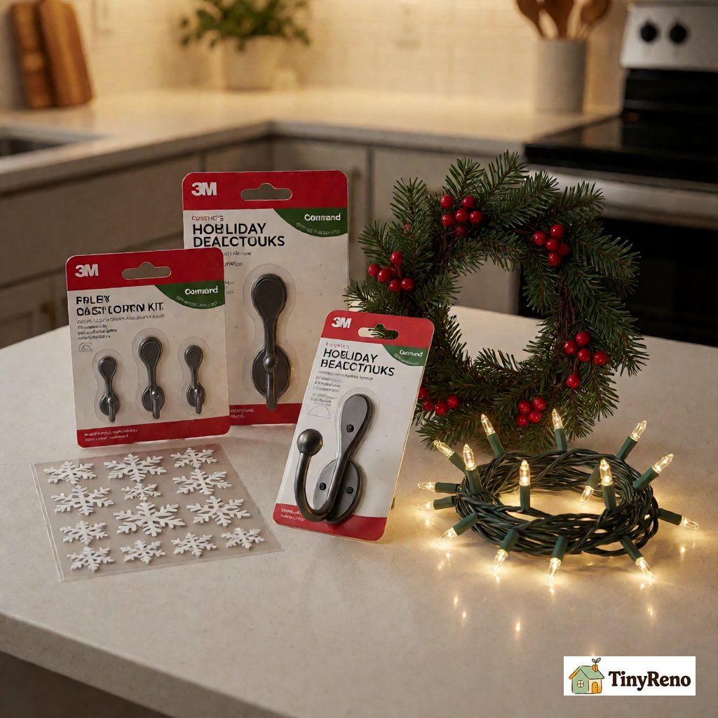 A renter's holiday decoration kit laid out on a kitchen counter: 3M Command Hooks in three sizes, static cling snowflakes, over-the-door hook, weighted base, with a small wreath and string lights nearby.