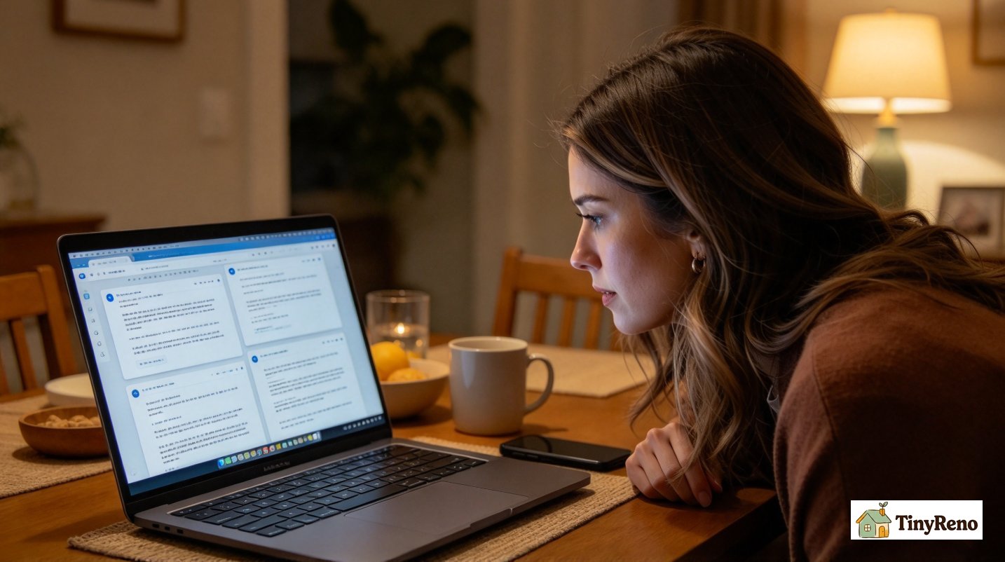 Laptop screen showing four landlord email drafts from Boston, Cleveland, Austin, Pittsburgh, woman reading and annotating the text