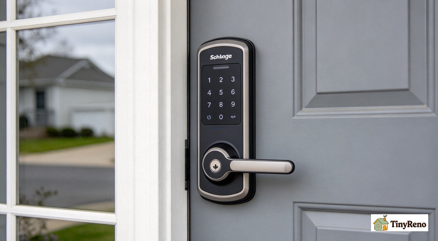 Front exterior view of Schlage Encode smart lock keypad mounted on apartment door, keypad buttons clearly visible