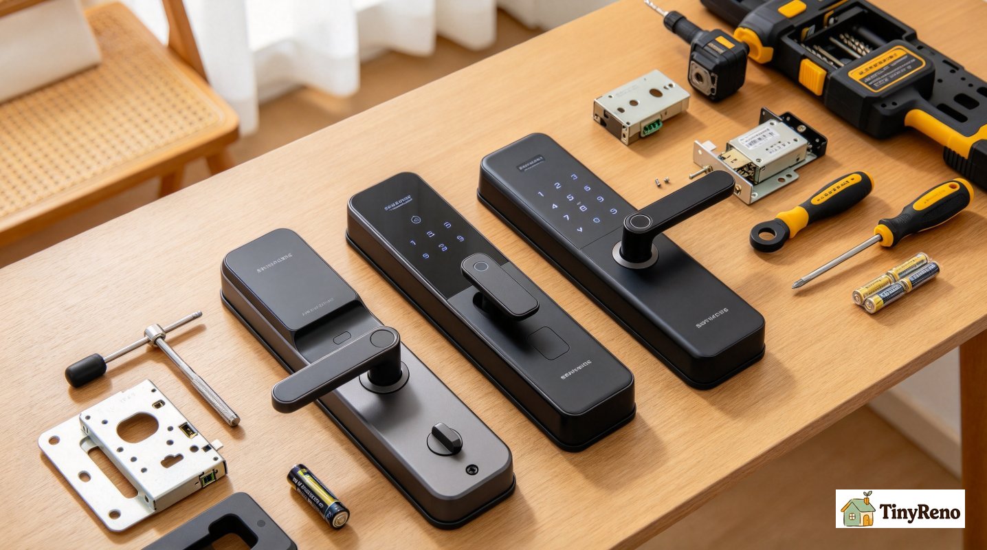 Overhead flat lay on wooden entry table: August Wi-Fi lock, Schlage Encode deadbolt, AA batteries, screwdriver, measuring tape for installation