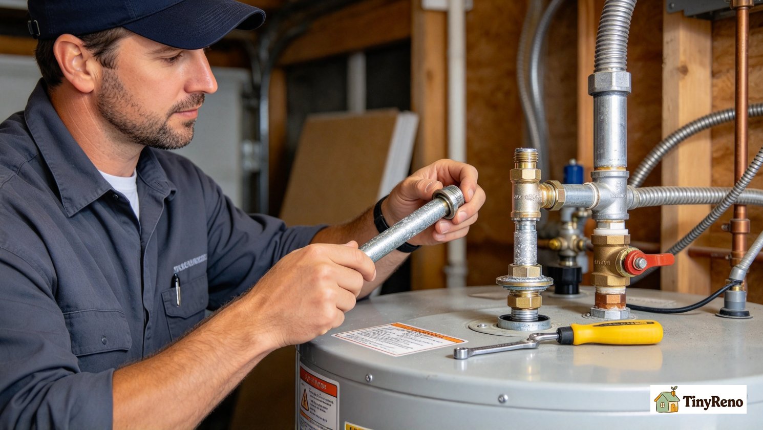 Plumber removing anode rod from 40-gallon water heater, demonstrating critical maintenance part that determines tank service lifespan
