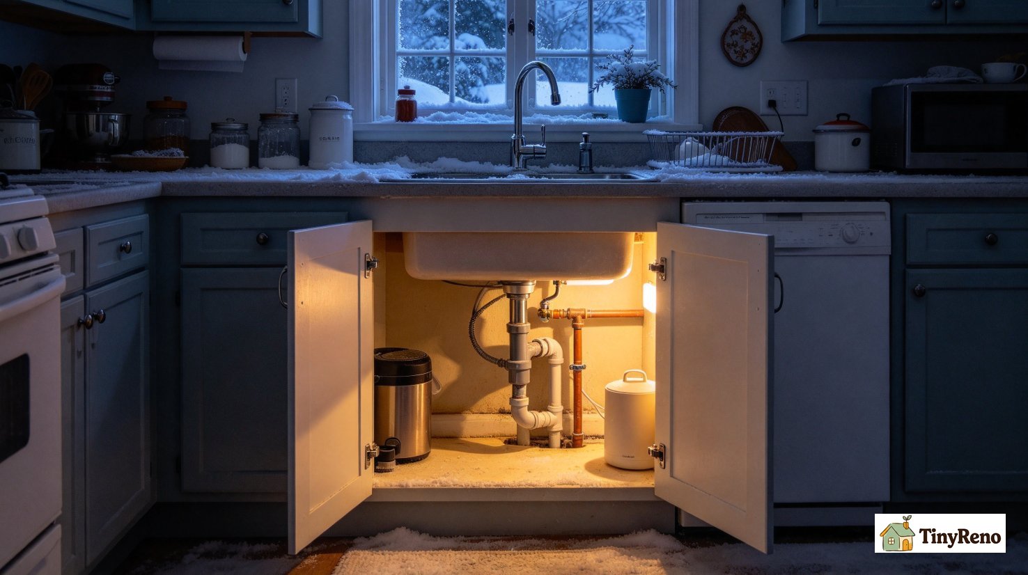 Open under-sink cabinet doors to allow warm indoor air flow and prevent exterior-wall pipes from freezing