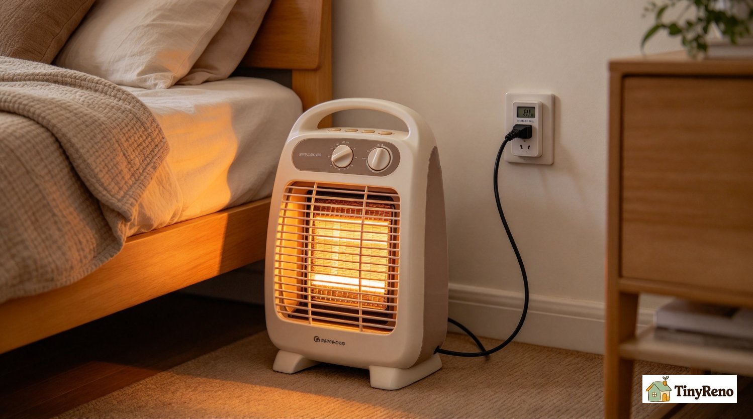 A bed with a heated blanket turned on at the lowest setting, plugged into a Kill-A-Watt meter showing the 30-watt draw on the display, with a small ceramic space heater sitting on the floor next to the bed.