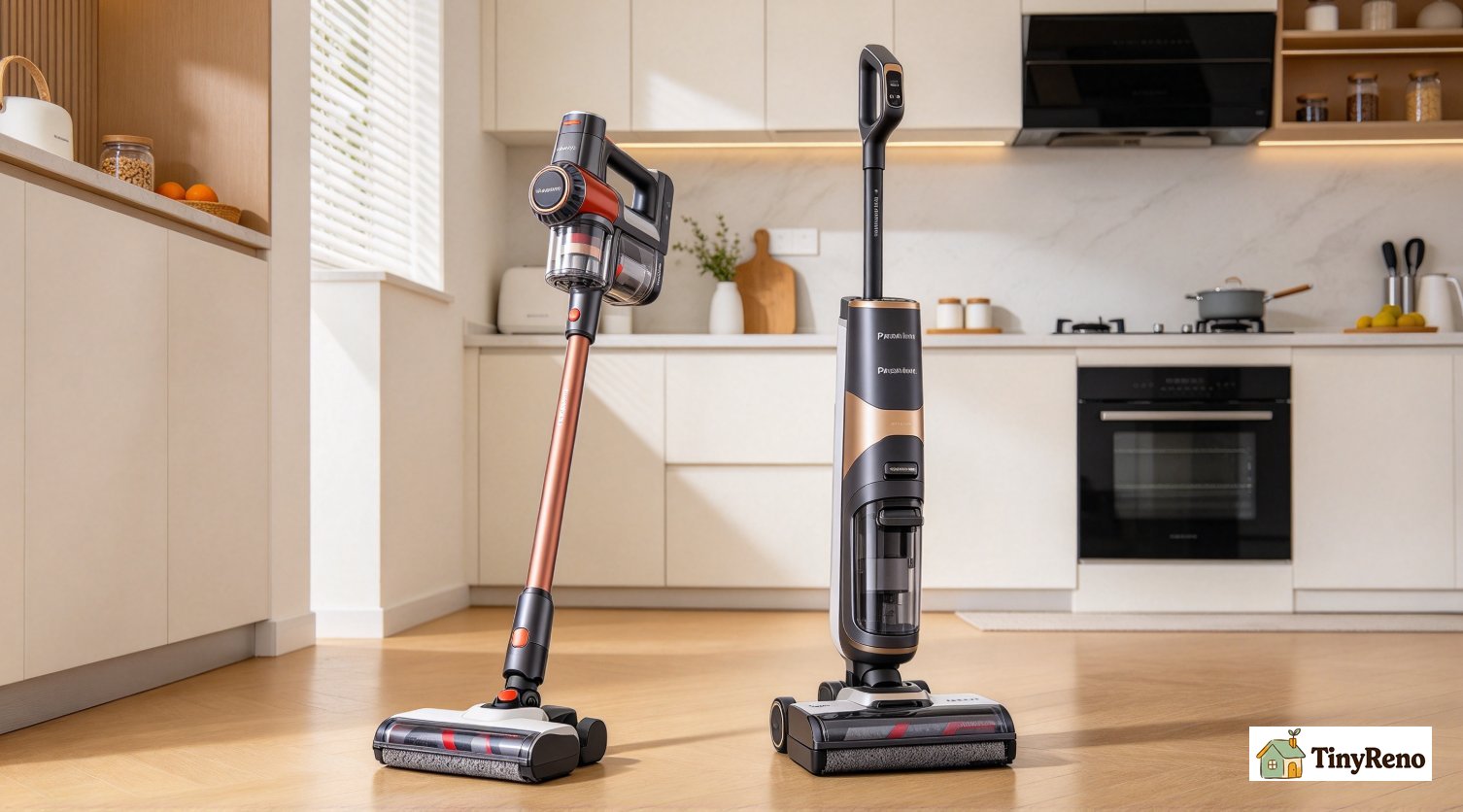 Two cordless vacuums side by side on rental kitchen floor, comparing an existing vacuum and a discounted premium model