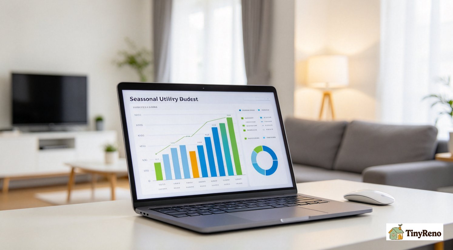 Laptop open to seasonal utility budget breakdown, planning monthly utility expenses for apartment