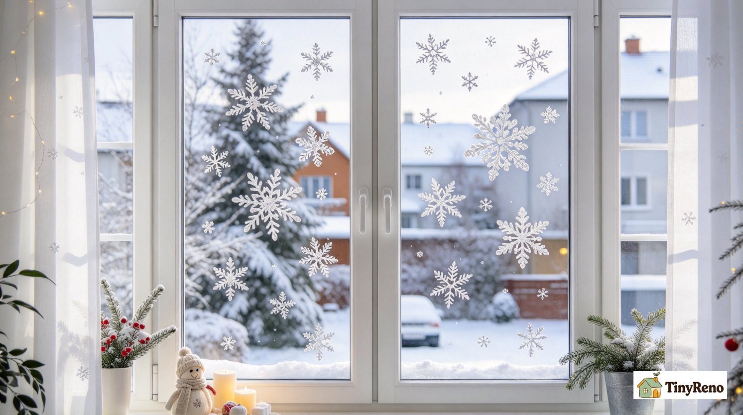 Static cling winter snowflake decals stuck on apartment window, zero adhesive required