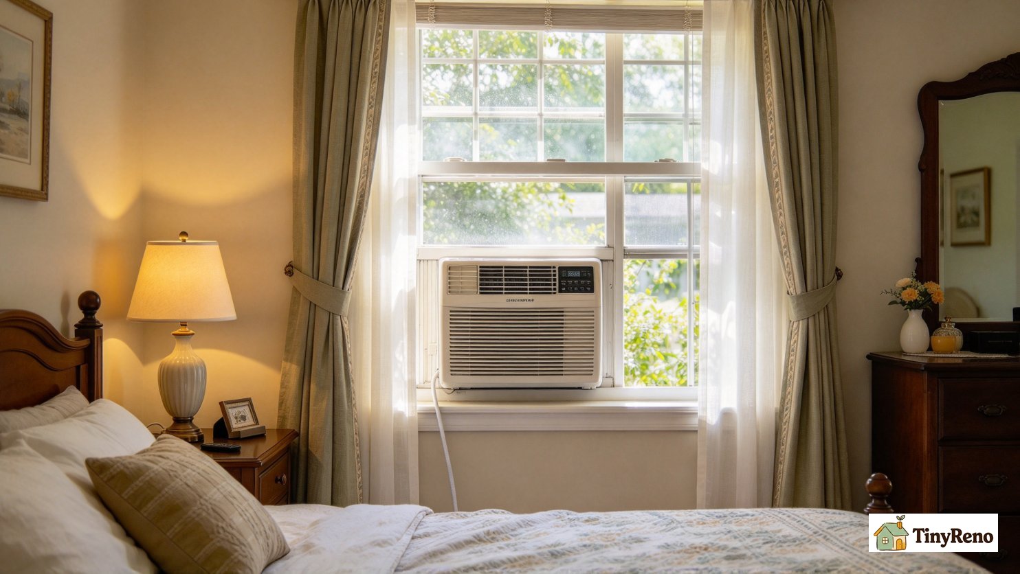 Window-mounted air conditioner unit in bedroom, summer electricity peak utility setup