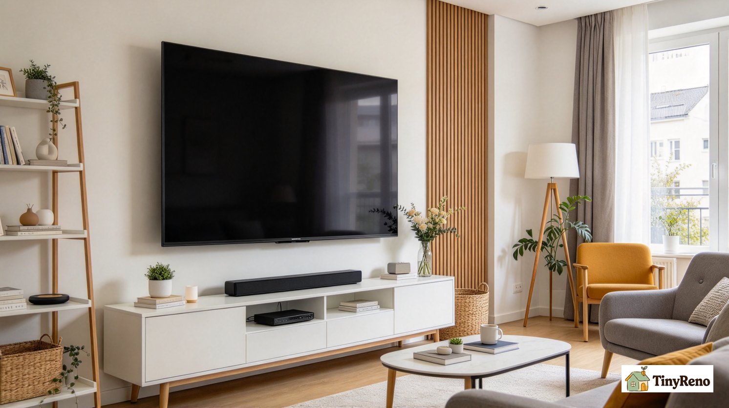 Large 65-inch television against narrow apartment wall, showing oversized item unsuitable for small rental living space