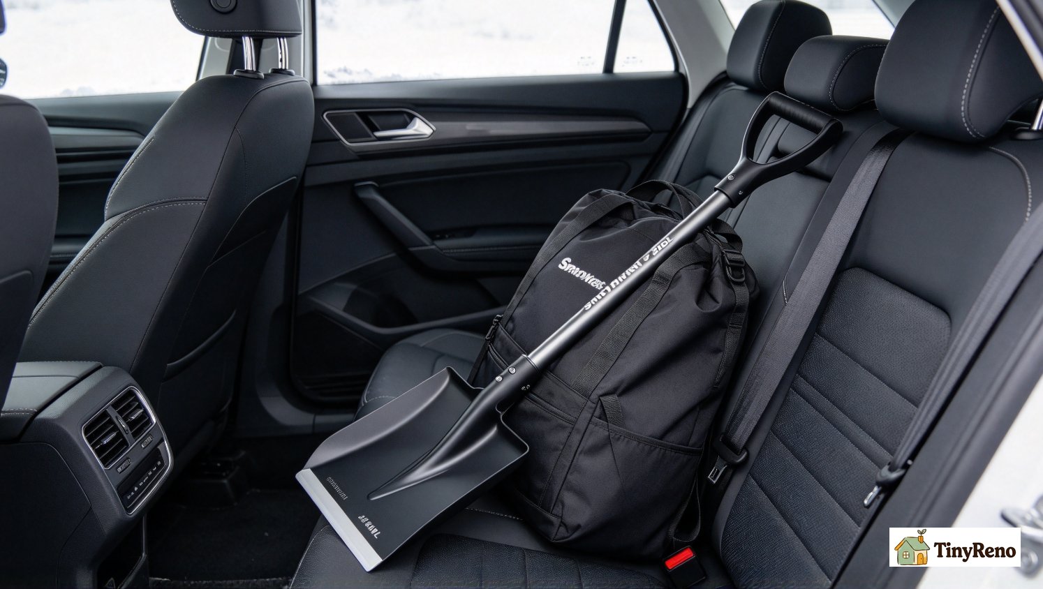 Collapsible snow shovel packed inside fabric duffel bag, stored safely behind car passenger seat
