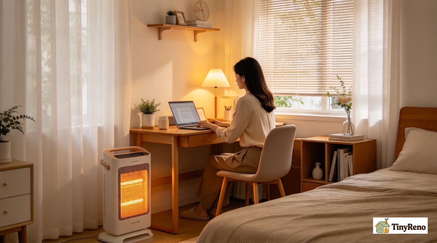 Person working at bedroom desk, space heater warming the whole room during daytime hours