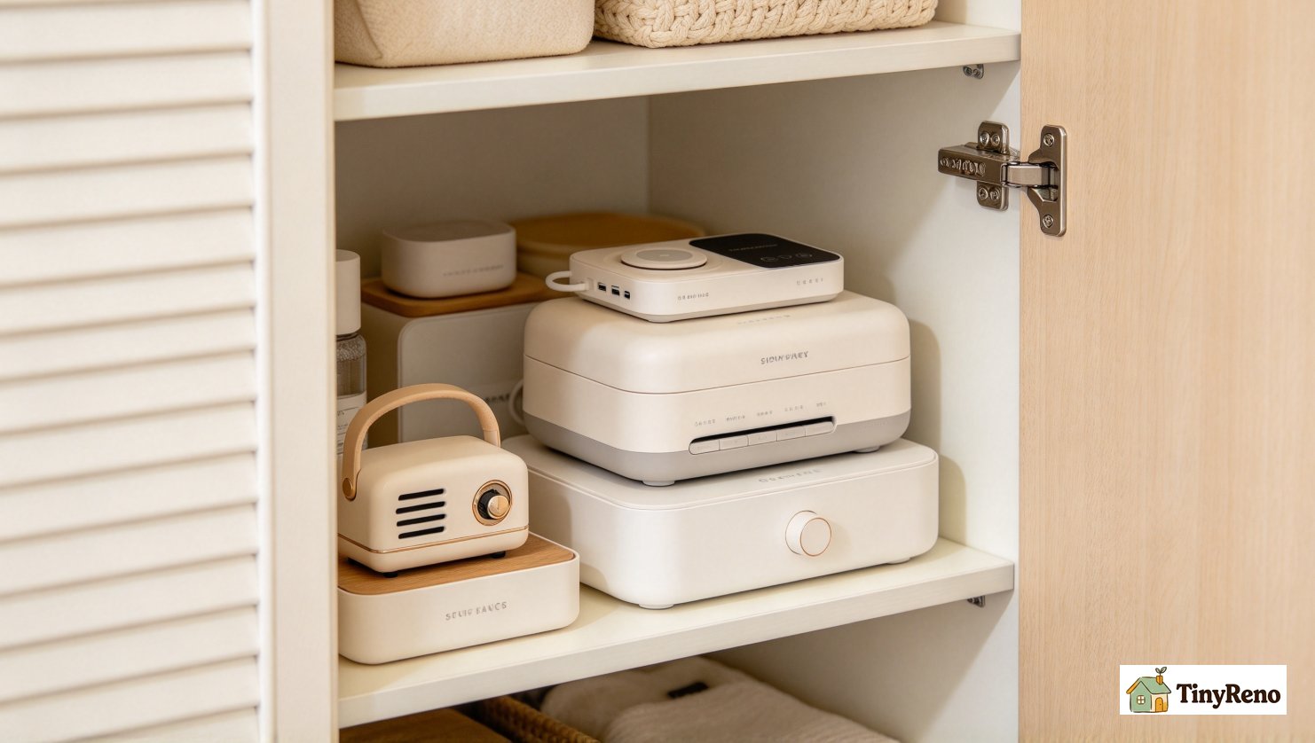 Small portable lightweight gadgets neatly stored in apartment closet, ideal renter-friendly purchases that are easy to move