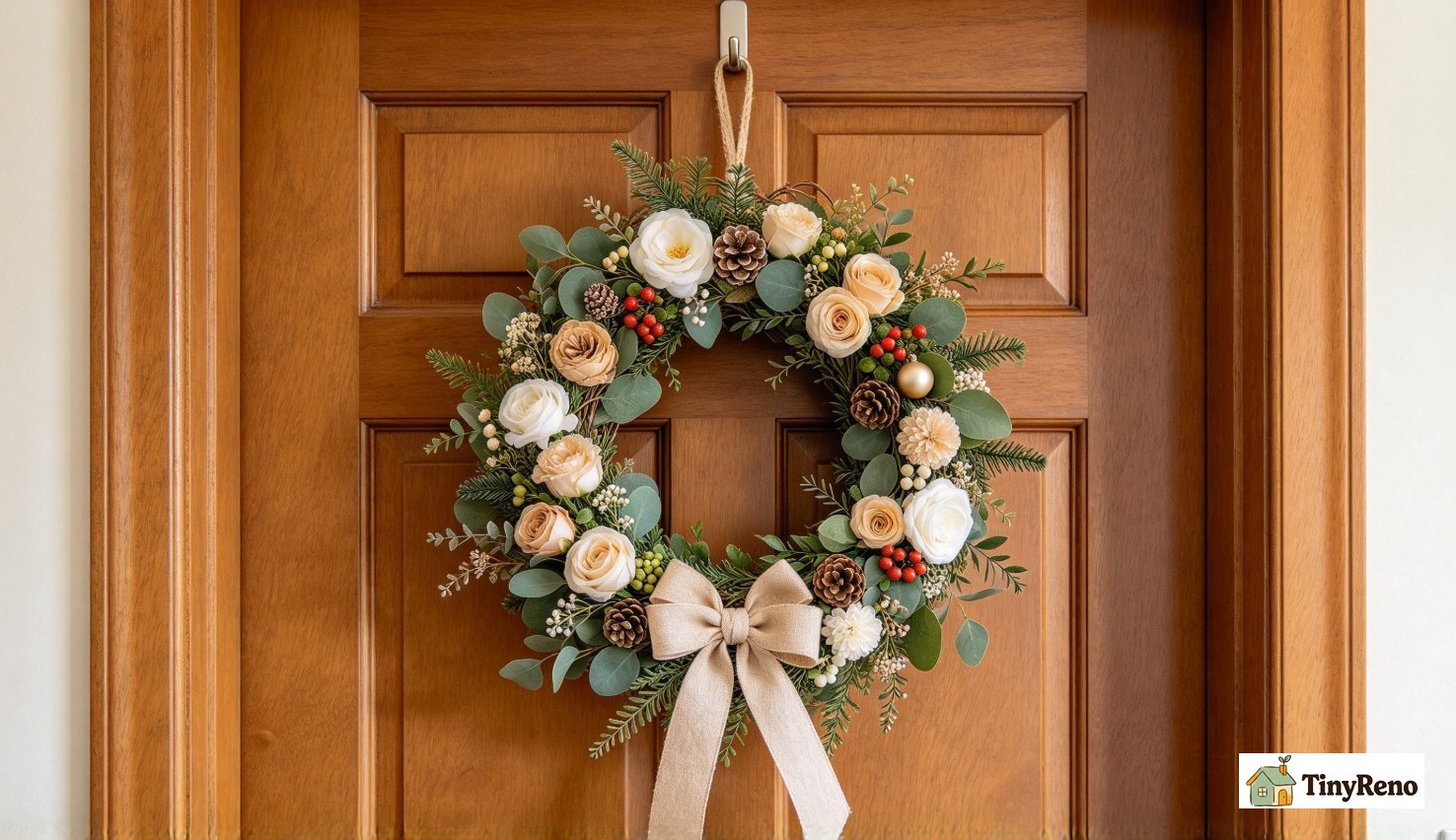Holiday wreath hung on interior door with over-the-door hook, no drilling or wall damage