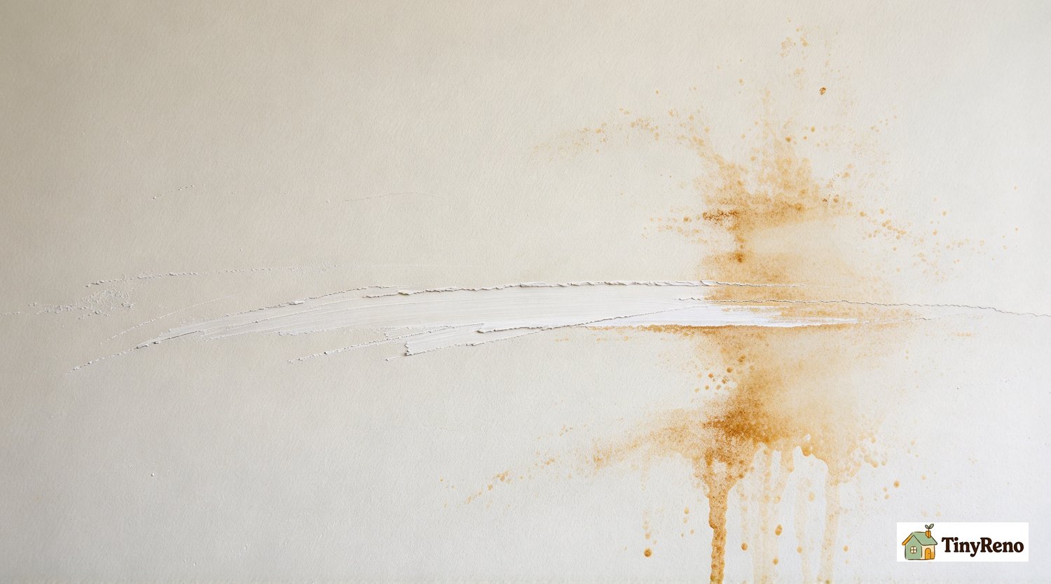 Wall damage: long paint scratch from sliding dresser and old oxidized coffee stain on apartment wall