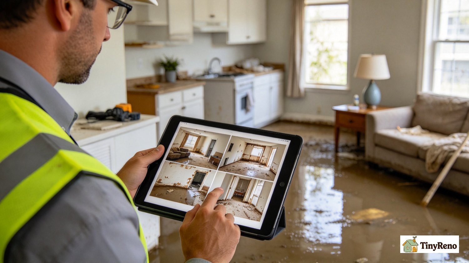 Claims adjuster examining water damage photos on tablet, reviewing an apartment insurance claim