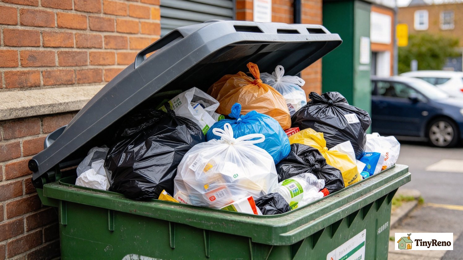 Overstuffed trash bin with lid propped open, showing overflowing garbage bags