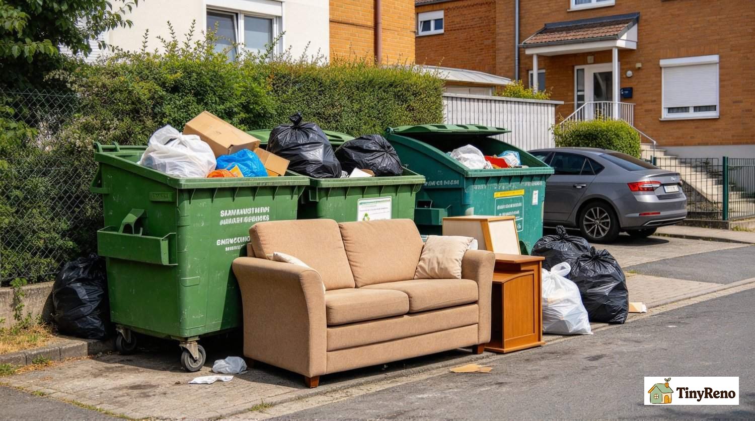 Large discarded furniture piece set aside, not placed inside regular trash and recycling bins