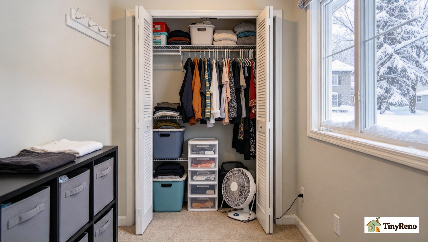 Rental closet against cold exterior wall, storage bins moved 6 inches forward, small portable fan running inside closet