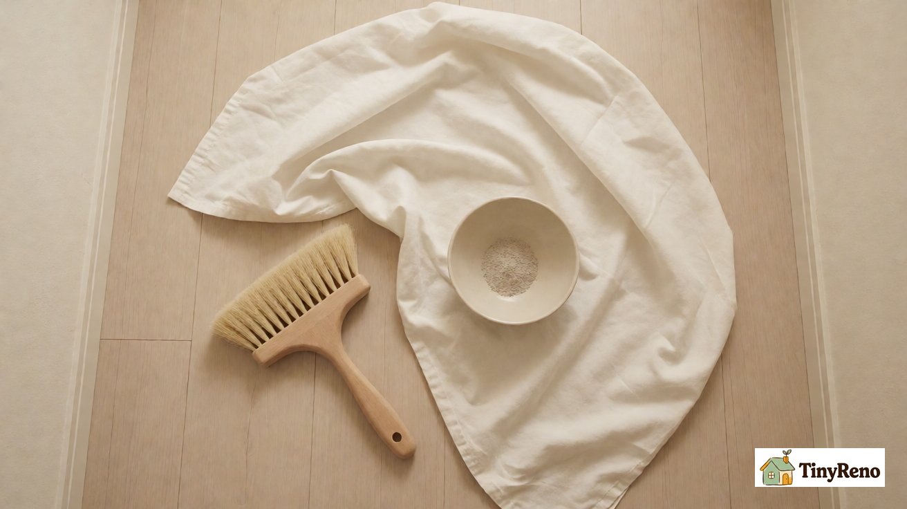 A soft dust brush, a white cotton dust sheet and a plain ceramic bowl catching grey dust on a floor