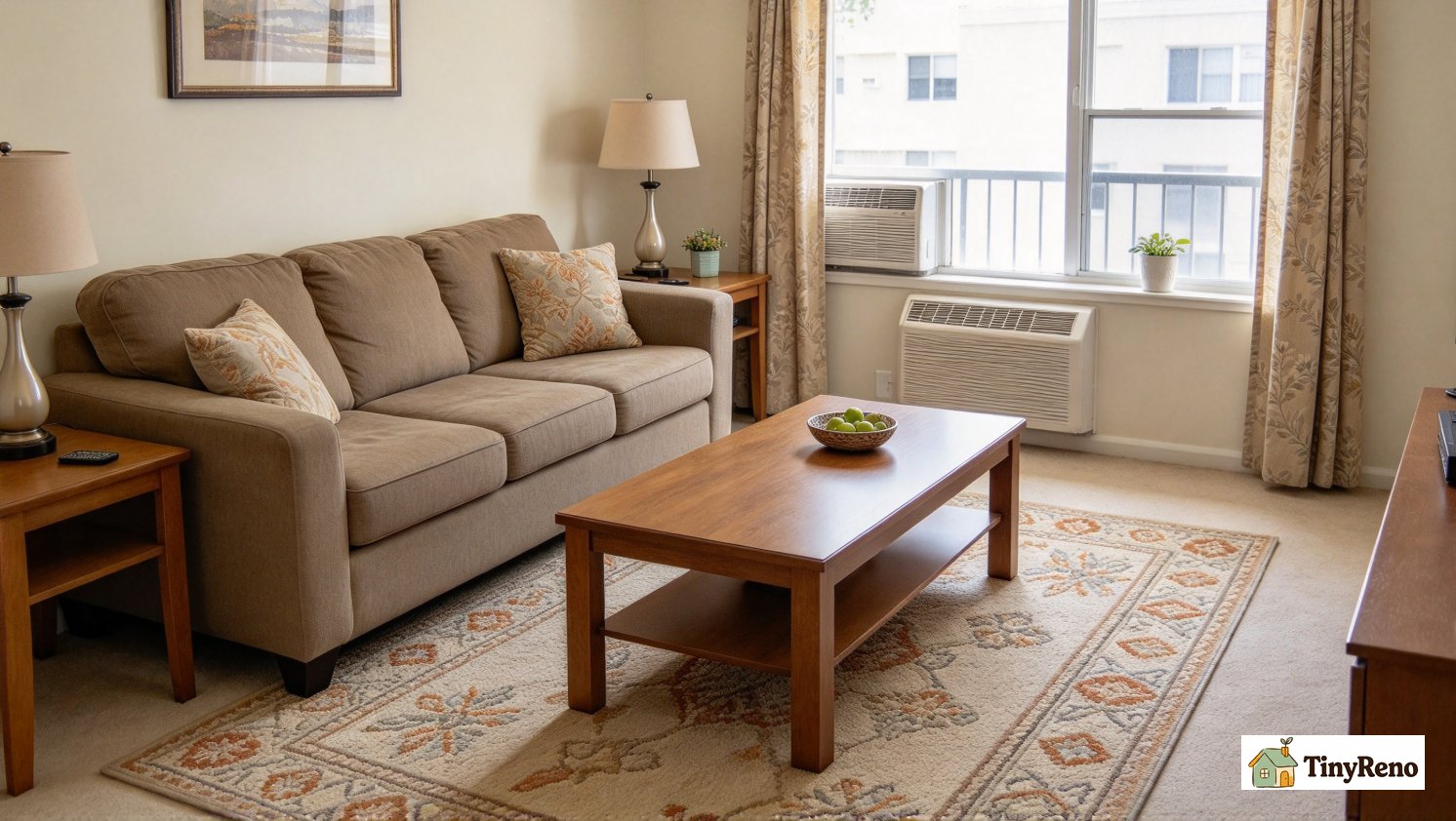 A grey sofa with its two front legs standing on a beige rug, bare wood floor visible around the rug edges