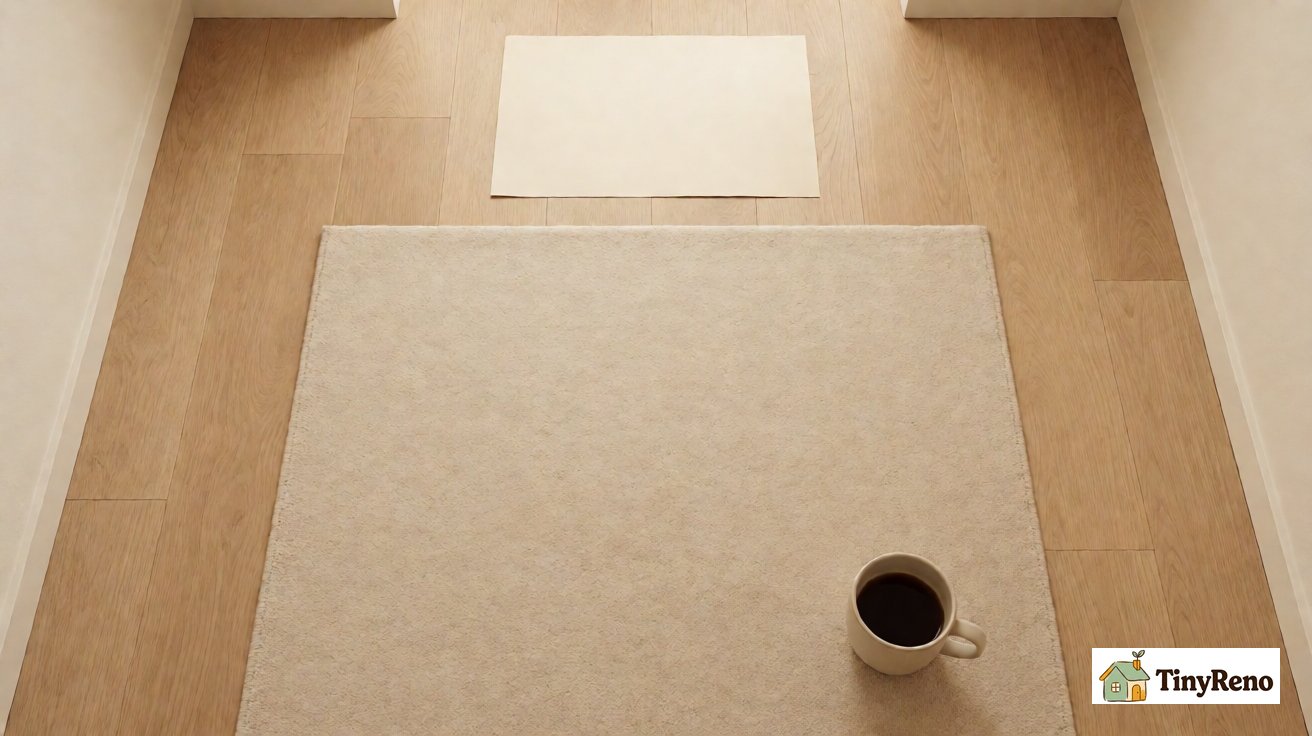 A beige rug on a wood floor with a blank sheet of paper and a plain cup on the bare floor beside it