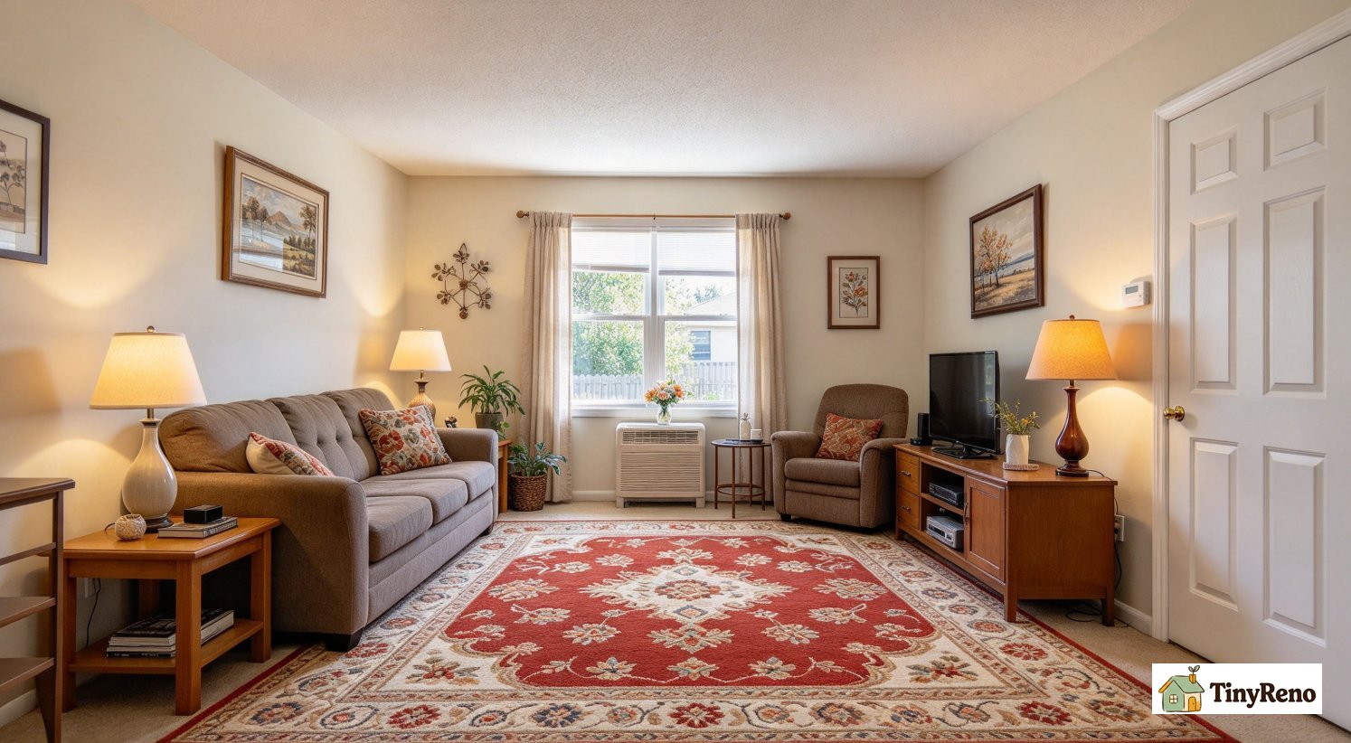 oversized rug nearly touching all four walls of small living room, almost no bare floor visible, space feels cramped