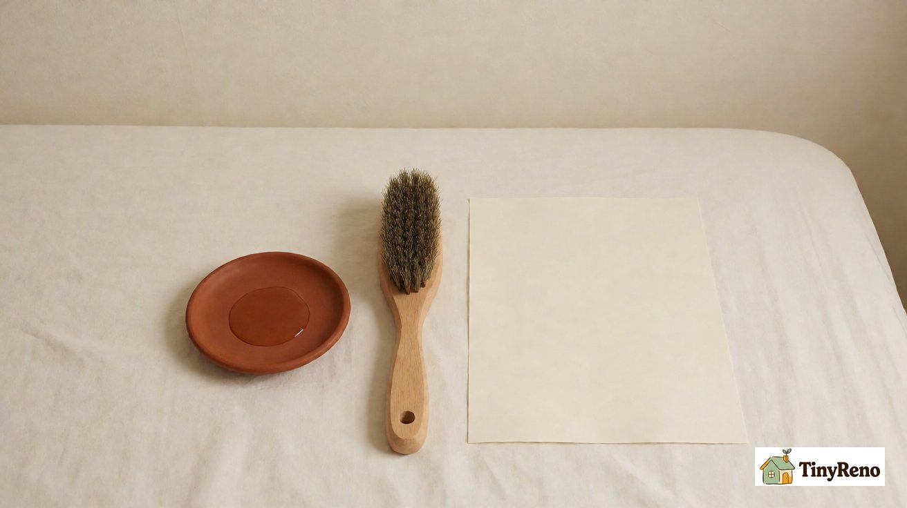 A wire brush, a terracotta saucer of clear liquid and a blank sheet of paper on a white cloth