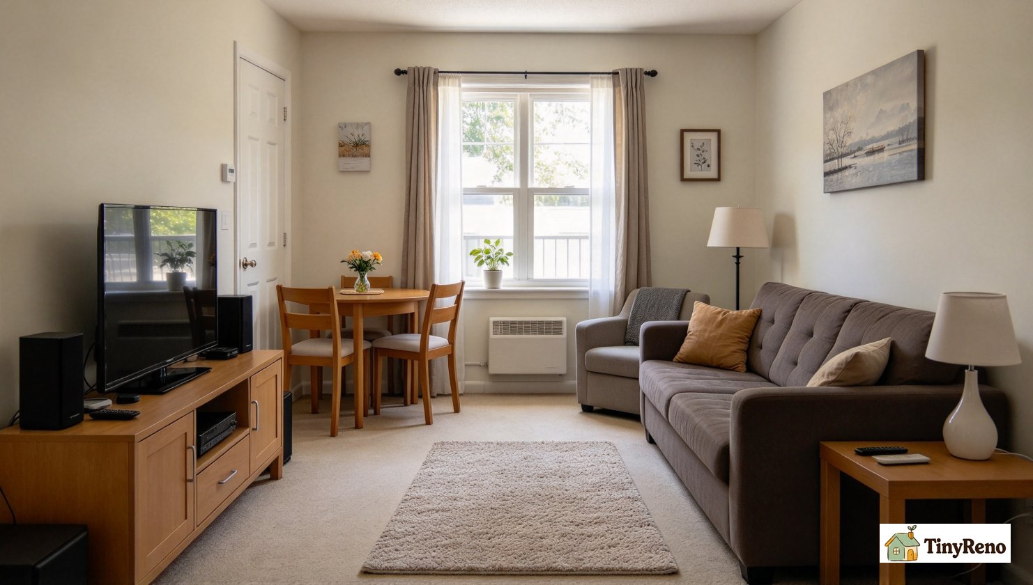tiny area rug sitting alone in the center of living room, entire sofa off the rug, awkward doormat effect