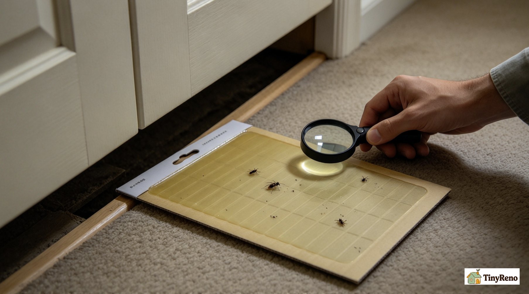Sticky glue board trap placed under wardrobe to track moth entry direction
