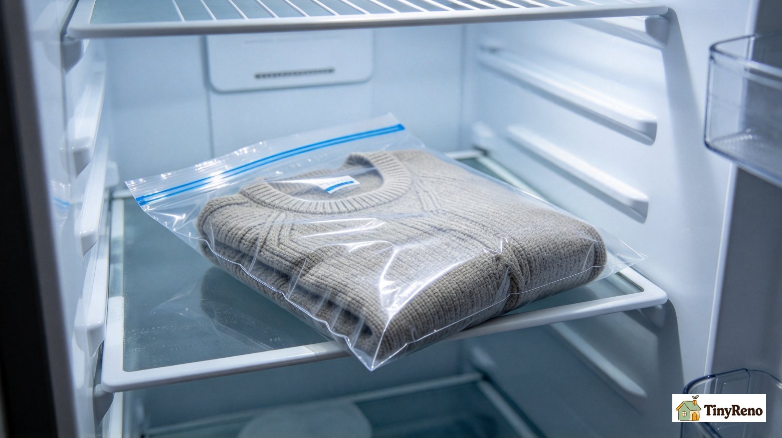 Freezing infested wool garment in sealed bag to kill moth eggs and larvae