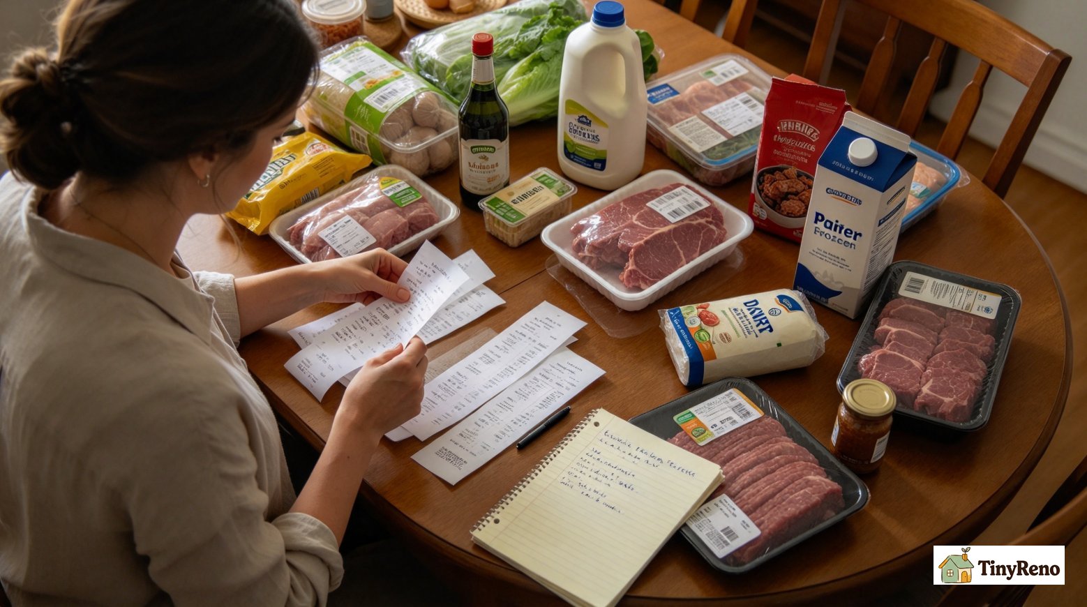 Renter going through grocery receipts and list to separate reimbursable spoiled food from non-eligible expenses for landlord reimbursement