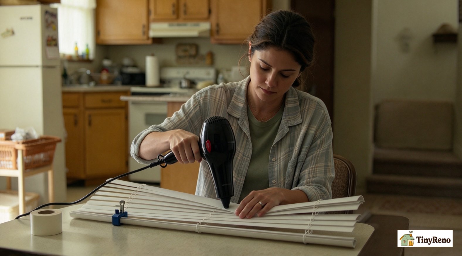 Renter repairing a bent blind slat at home with gentle heat and clamping to avoid full blind replacement