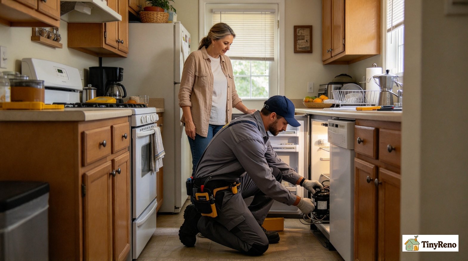 Landlord maintenance contractor inspecting a broken rental fridge while tenant is present for the claim inspection