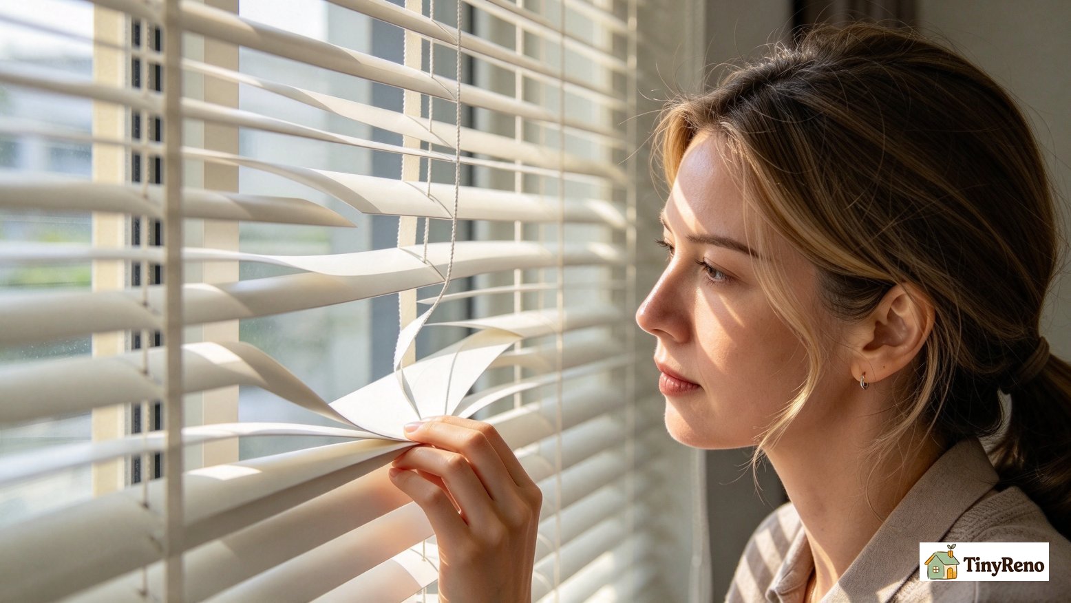 Renter examining a horizontal venetian blind on apartment window, cover for guide sorting landlord vs tenant blind damage responsibility