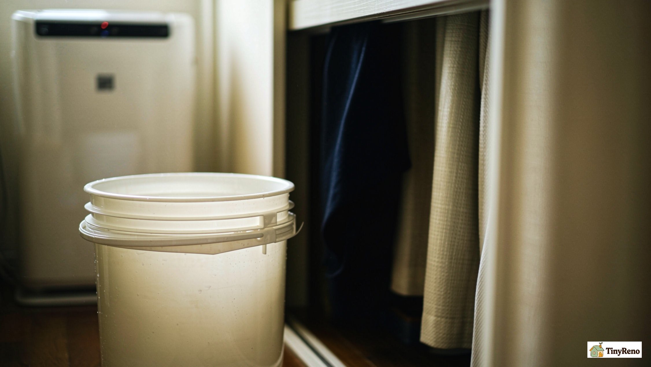 An empty dehumidifier bucket sits on the floor beside a damp closet.