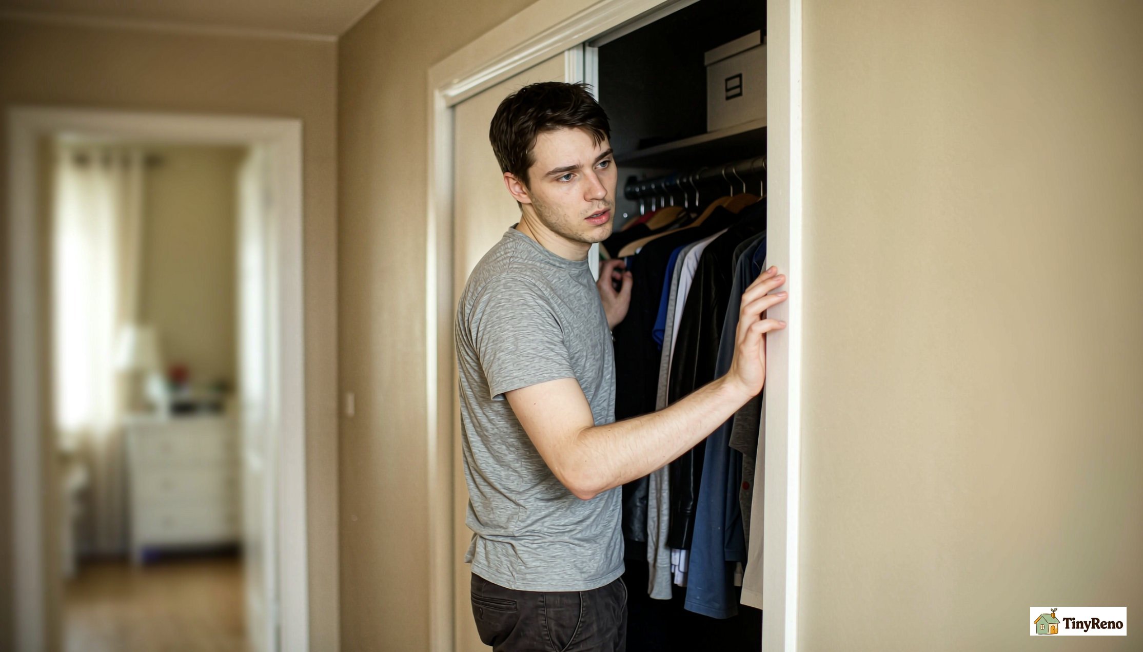 A tenant steps out of the closet to compare the smell in the room.