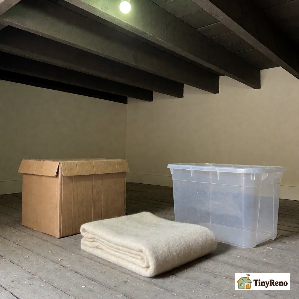 Deciding what is safe to store in an attic: only replaceable belongings, in plastic bins rather than cardboard, nothing flammable