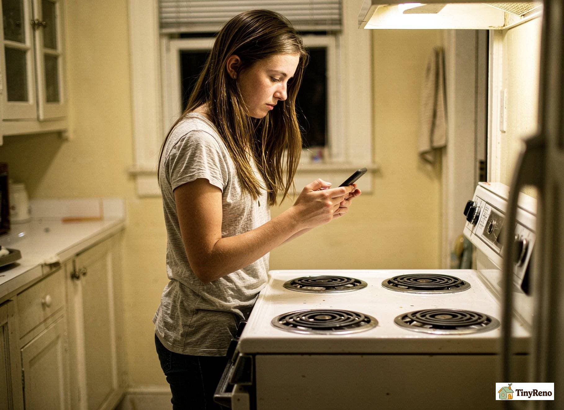 A tenant photographs an unlit gas burner with a mobile phone.