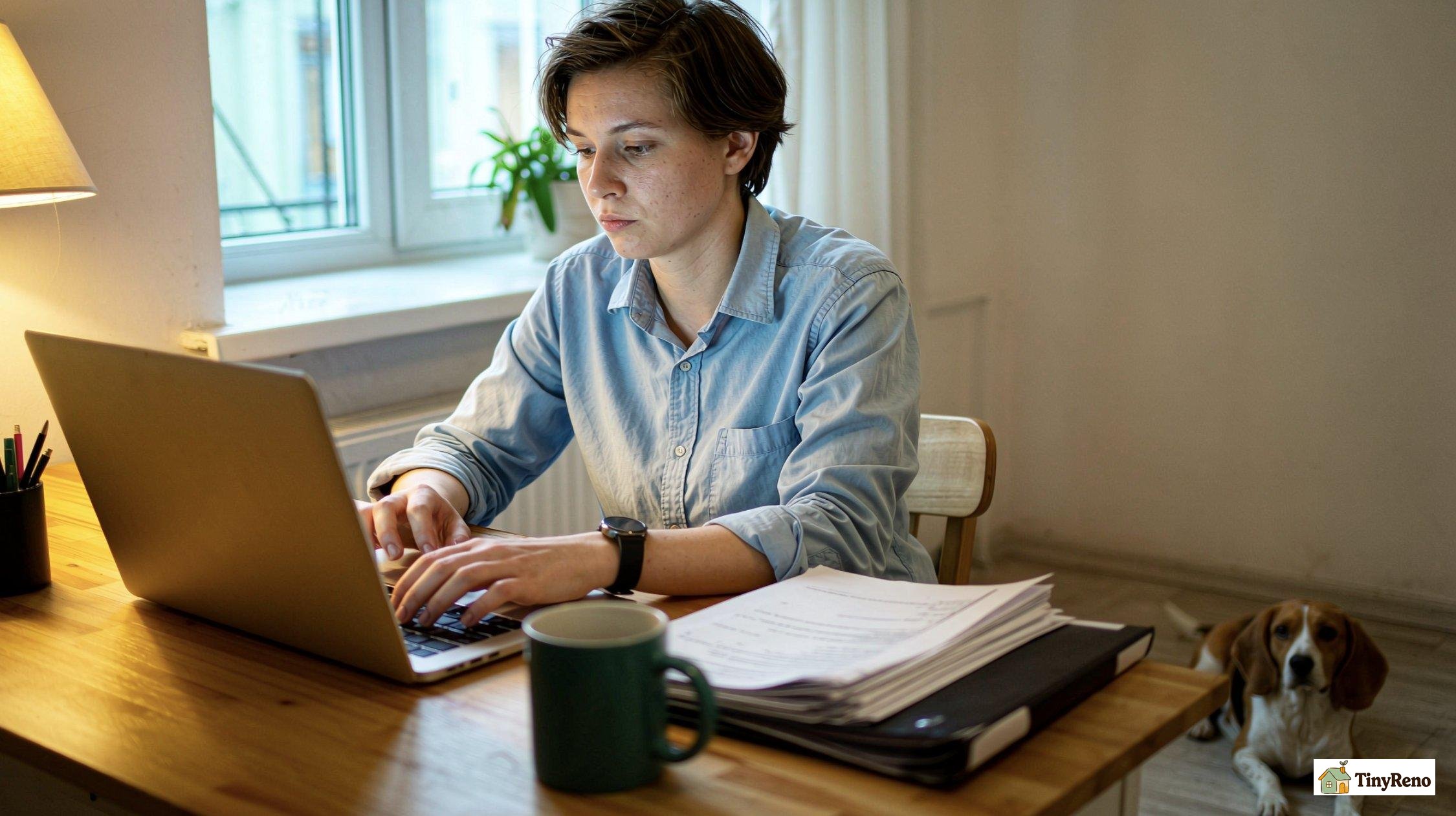 A tenant writes an email at a laptop with a beagle nearby.