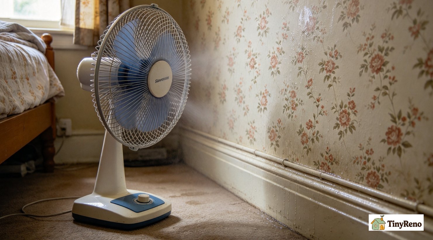 Fan moving air across damp wall to lower local humidity, disrupting the conditions silverfish need to breed