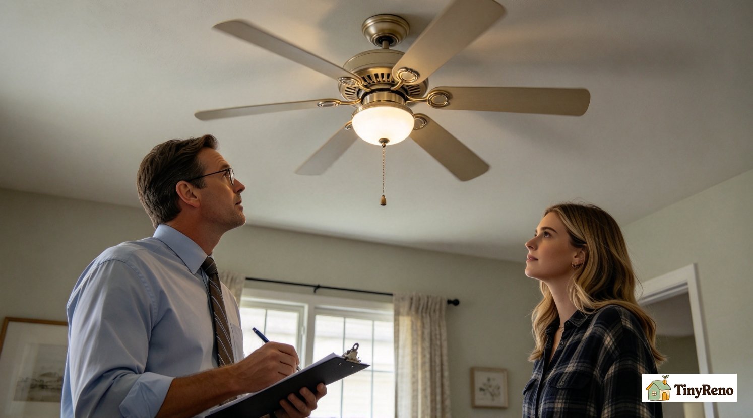 Final move-out inspection, landlord notes the ceiling fan is operational with only minor wobble, no extra deposit charge