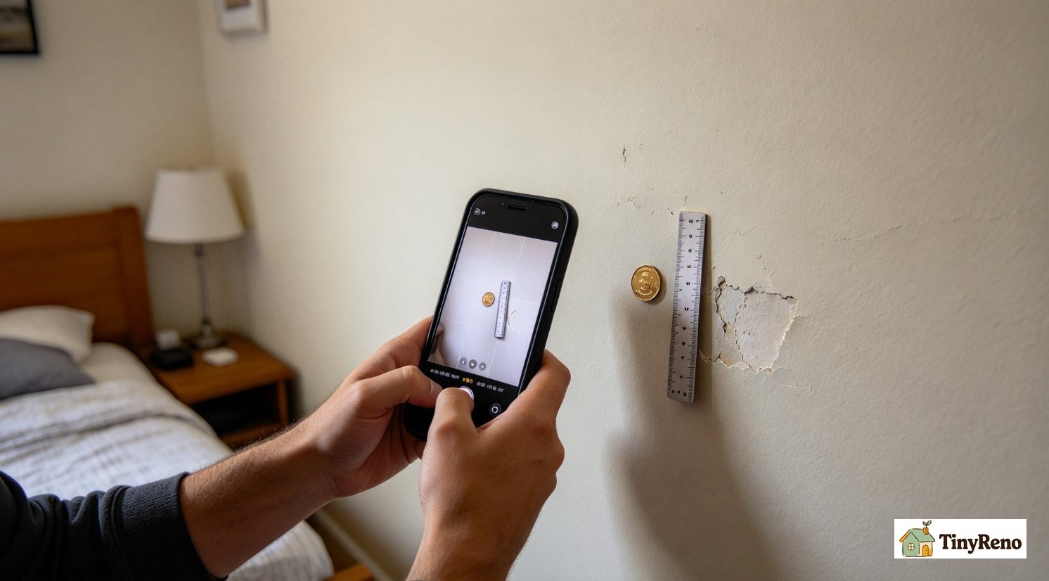 Tenant taking date-stamped move-in photos of walls with a ruler for scale, documenting wall condition before hanging art