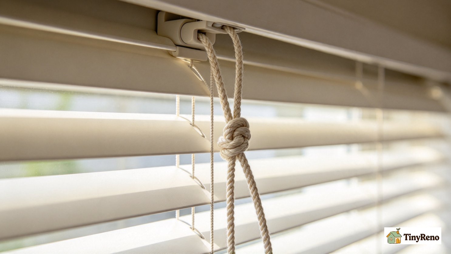 Show the no-drill method for securing a blind cord so it cannot form a loop