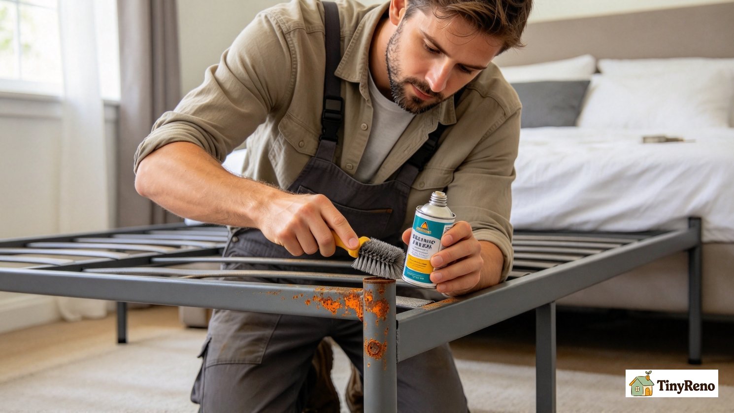 Renter cleaning and treating early surface rust on the bed frame before corrosion gets worse