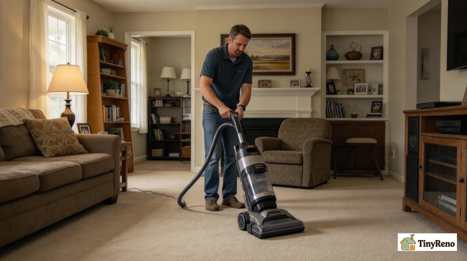 Tenant vacuuming apartment carpet thoroughly, believing good vacuuming will avoid cleaning fees