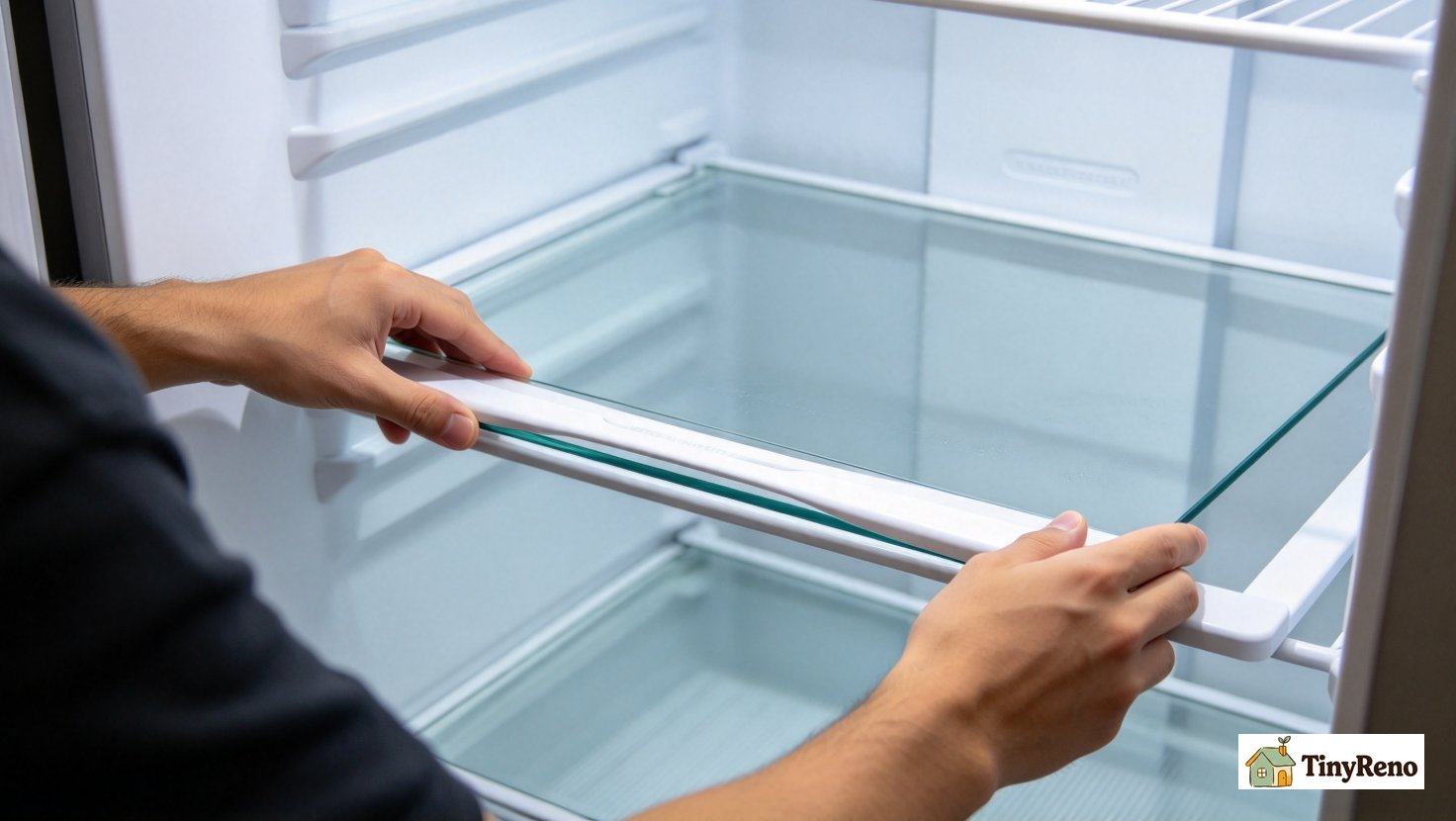 Testing how the intact glass shelf sits in the support slot, showing the loose/wobbly fit that caused repeated stress